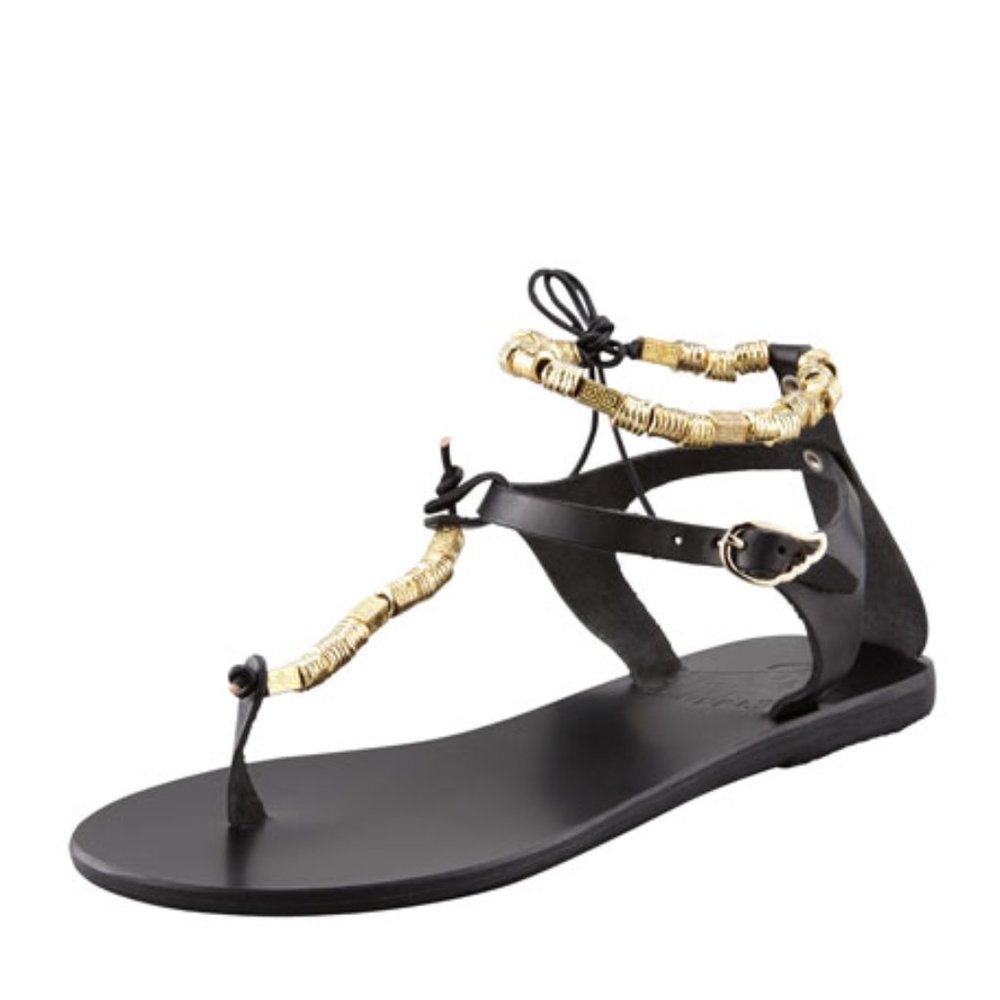 Ancient Greek Sandals Chrysso Black with Gold Beaded Thong Sandals Size 10